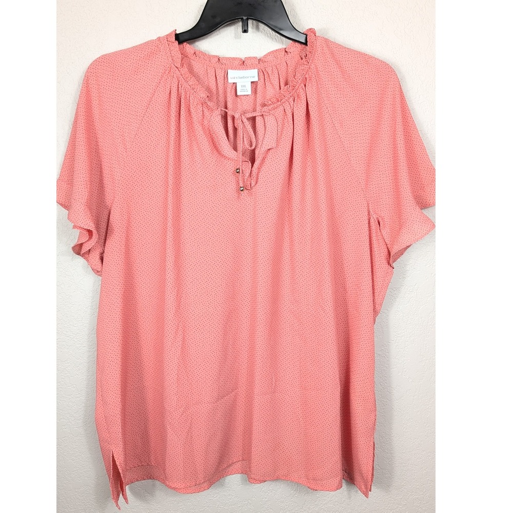 Liz Claiborne Womens Plus Size XXL Coral Polka Dot Ruffle Neck Tie Neck Blouse - Picture 2 of 8